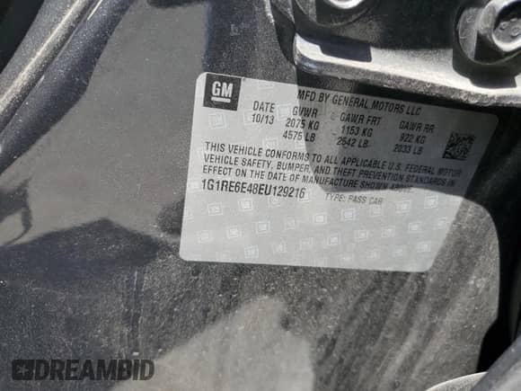 2014 Chevrolet Volt z VIN 1G1RE6E48EU129216, wystawiony jako Copart lot #56718034 z przebiegiem 177 521 mil mil oraz Szkoda całkowita • Salvage title. Historia ofert i sprzedaży dostępna na DreamBid. Obrazek 12.