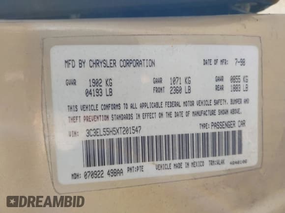 ✅ 1999 Chrysler Sebring JXi • VIN: 3C3EL55H5XT201547 • Лот: 43452199. Опубликован ранее на IAAI с пробегом 147 816 миль. Бесплатный доступ к архиву аукционных продаж из США и подробный отчёт об истории автомобиля на DreamBid. Изображение 9.