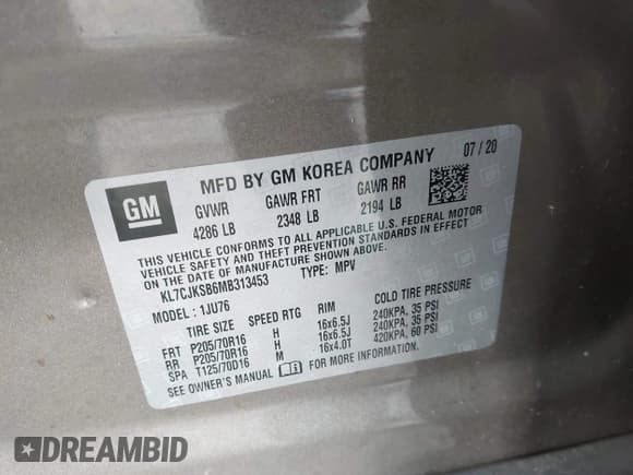 ✅ 2021 Chevrolet Trax LS • VIN: KL7CJKSB6MB313453 • Lot: 43713206. Listed on IAAI with 55,143 mi. Free auction sales archive from the USA and detailed vehicle history report at DreamBid. Image 9.