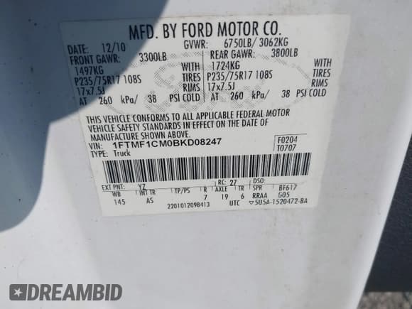 ✅ 2011 Ford F-150 XL • VIN: 1FTMF1CM0BKD08247 • Lot: 42939717. Listed on IAAI with 212,626 mi. Free auction sales archive from the USA and detailed vehicle history report at DreamBid. Image 9.