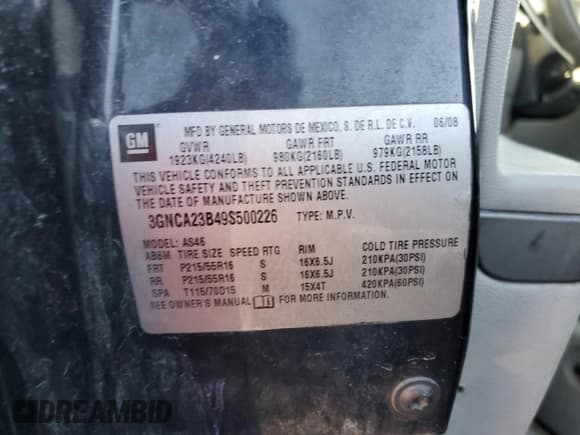 ✅ 2009 Chevrolet HHR 1LT • VIN: 3GNCA23B49S500226 • Lot: 44125715. Listed on Copart with Not provided. Free auction sales archive from the USA and detailed vehicle history report at DreamBid. Image 13.