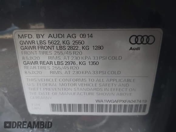 ✅ 2015 Audi Q5 Prestige • VIN: WA1WGAFPXFA047419 • Лот: 41215622. Опубликован ранее на IAAI с пробегом Не указан. Бесплатный доступ к архиву аукционных продаж из США и подробный отчёт об истории автомобиля на DreamBid. Изображение 9.