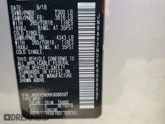 ✅ 2019 Nissan Armada SV • VIN: JN8AY2ND6K9086597 • Lot: 71123655. Wystawiony na Copart z przebiegiem 114 600 mil. Bezpłatny archiwum sprzedaży aukcyjnych z USA i szczegółowy raport historii pojazdu na DreamBid. Zdjęcie 13.