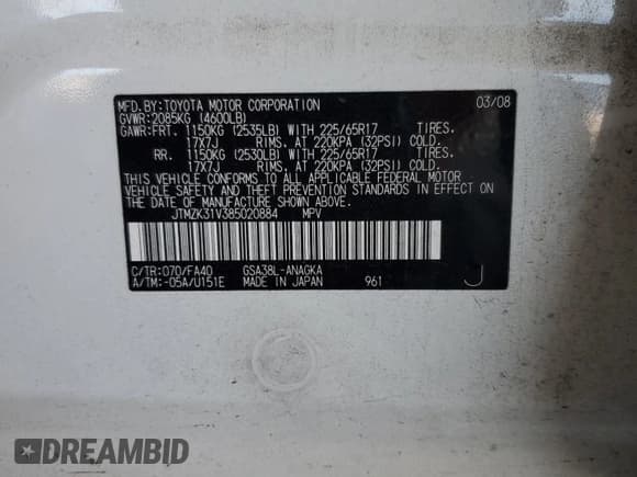 ✅ 2008 Toyota RAV4 Limited • VIN: JTMZK31V385020884 • Лот: 82073035. Опубликован ранее на Copart с пробегом 81 266 миль. Бесплатный доступ к архиву аукционных продаж из США и подробный отчёт об истории автомобиля на DreamBid. Изображение 13.