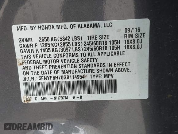 ✅ 2016 Honda Pilot EX-L • VIN: 5FNYF6H70GB114954 • Lot: 43802687. Listed on IAAI with 113,109 mi. Free auction sales archive from the USA and detailed vehicle history report at DreamBid. Image 9.