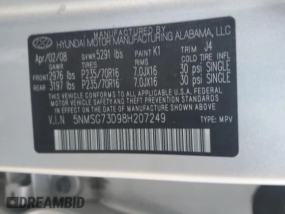 ✅ 2008 Hyundai Santa Fe GLS • VIN: 5NMSG73D98H207249 • Lot: 84559414. Listed on Copart with 137,412 mi. Free auction sales archive from the USA and detailed vehicle history report at DreamBid. Image 12.