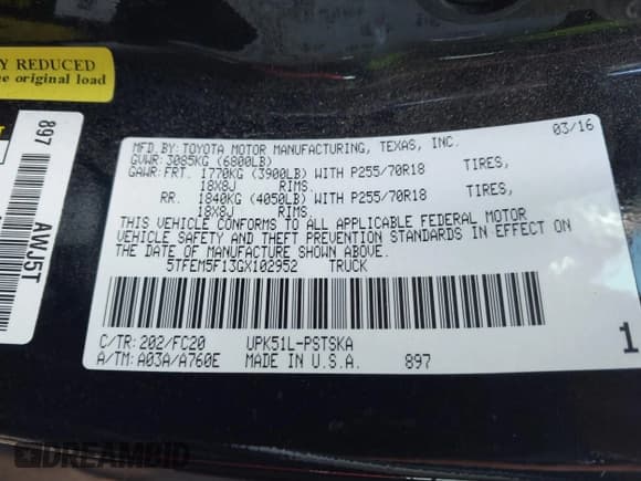 ✅ 2016 Toyota Tundra SR5 • VIN: 5TFEM5F13GX102952 • Lot: 41881999. Listed on IAAI with 106,065 mi. Free auction sales archive from the USA and detailed vehicle history report at DreamBid. Image 9.