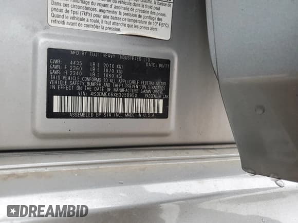 ✅ 2011 Subaru Legacy Limited Power Moon • VIN: 4S3BMCK6XB3258950 • Лот: 57479955. Опубликован ранее на Copart с пробегом 83 862 миль. Бесплатный доступ к архиву аукционных продаж из США и подробный отчёт об истории автомобиля на DreamBid. Изображение 12.