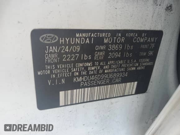 2009 Hyundai Elantra GLS with VIN KMHDU46D99U689934, listed as a Copart auction lot 66932764 with 204,949 mi miles and Non repairable. Bid and sale history available at DreamBid. Image 14.