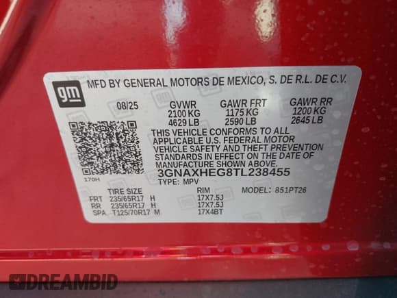 ✅ 2026 Chevrolet Equinox FWD LT • VIN: 3GNAXHEG8TL238455 • Lot: 43191946. Wystawiony na IAAI z przebiegiem 207 mil. Bezpłatny archiwum sprzedaży aukcyjnych z USA i szczegółowy raport historii pojazdu na DreamBid. Zdjęcie 9.