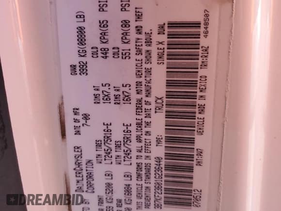 ✅ 2001 Dodge 2500 • VIN: 3B7KF23601G236440 • Lot: 69997255. Listed on Copart with Not provided. Free auction sales archive from the USA and detailed vehicle history report at DreamBid. Image 12.