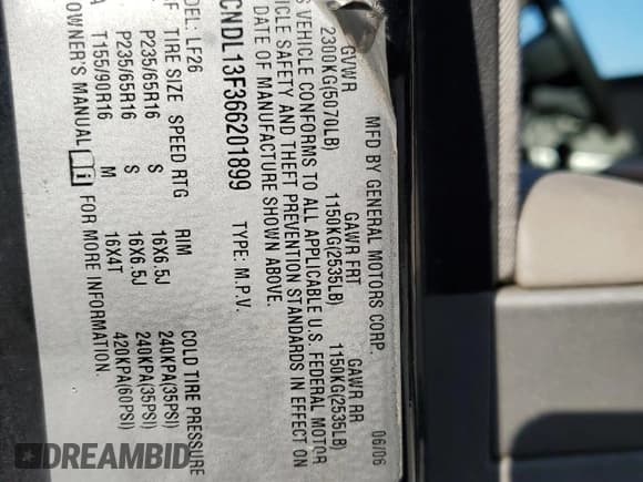 ✅ 2006 Chevrolet Equinox LS • VIN: 2CNDL13F366201899 • Лот: 84036024. Опубликован ранее на Copart с пробегом 212 473 миль. Бесплатный доступ к архиву аукционных продаж из США и подробный отчёт об истории автомобиля на DreamBid. Изображение 14.