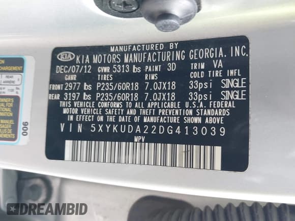 ✅ 2013 Kia Sorento EX • VIN: 5XYKUDA22DG413039 • Lot: 42197700. Listed on IAAI with 132,381 mi. Free auction sales archive from the USA and detailed vehicle history report at DreamBid. Image 9.