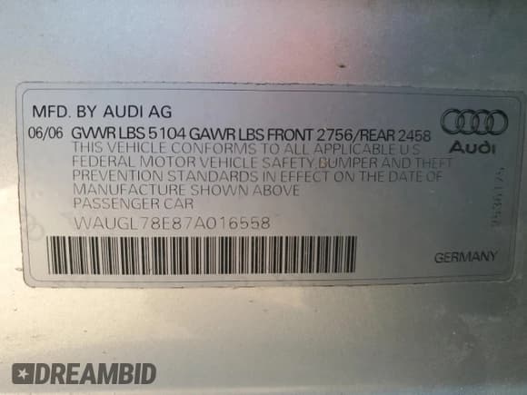 ✅ 2007 Audi S4 • VIN: WAUGL78E87A016558 • Lot: 43116845. Listed on Copart with 143,993 mi. Free auction sales archive from the USA and detailed vehicle history report at DreamBid. Image 12.