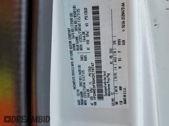 ✅ 2019 Ford E-Series Commercial • VIN: 1FDWE3FS0KDC19747 • Лот: 40586784. Опубликован ранее на Copart с пробегом 46 266 миль. Бесплатный доступ к архиву аукционных продаж из США и подробный отчёт об истории автомобиля на DreamBid. Изображение 13.