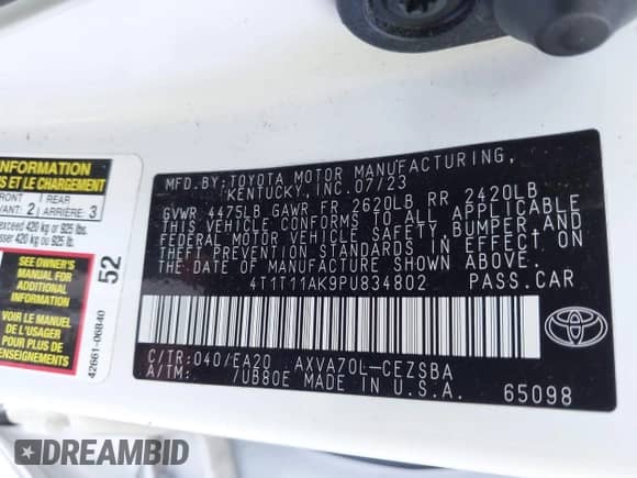 2023 Toyota Camry SE Nightshade с VIN 4T1T11AK9PU834802, выставлен на аукционе IAAI как лот 43585715 с пробегом 41 404 миль миль и . История ставок и продаж доступна на DreamBid. Изображение 9.