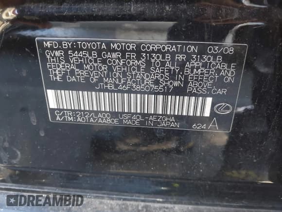 ✅ 2008 Lexus LS 460 • VIN: JTHBL46F385075517 • Lot: 43884399. Listed on IAAI with 237,932 mi. Free auction sales archive from the USA and detailed vehicle history report at DreamBid. Image 9.