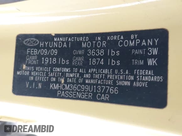 ✅ 2009 Hyundai Accent Auto GS • VIN: KMHCM36C99U137766 • Lot: 43848480. Listed on IAAI with 33,674 mi. Free auction sales archive from the USA and detailed vehicle history report at DreamBid. Image 9.
