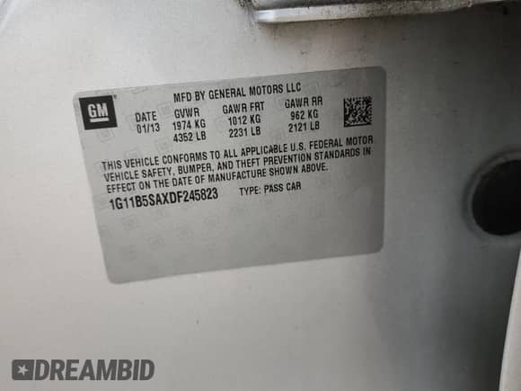 2013 Chevrolet Malibu LS с VIN 1G11B5SAXDF245823, выставлен на аукционе Copart как лот 86286115 с пробегом 82 934 миль миль и На запчасти • Non repairable. История ставок и продаж доступна на DreamBid. Изображение 12.