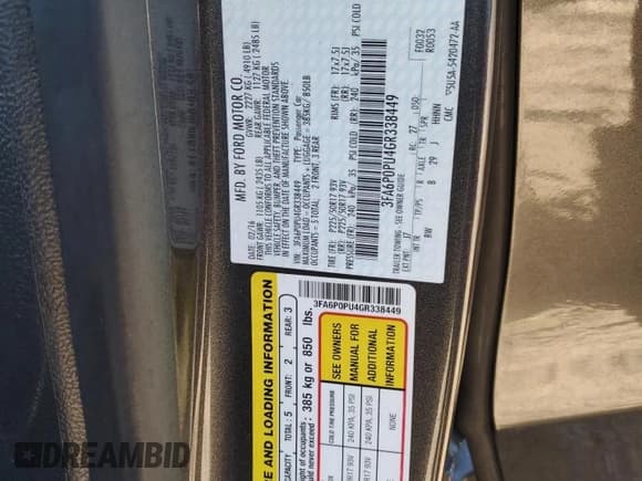 ✅ 2016 Ford Fusion SE Luxury • VIN: 3FA6P0PU4GR338449 • Lot: 91178475. Listed on Copart with 89,569 mi. Free auction sales archive from the USA and detailed vehicle history report at DreamBid. Image 12.