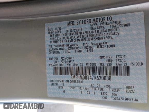 ✅ 2007 Mercury Milan Premier • VIN: 3MEHM08147R620038 • Lot: 41725004. Listed on IAAI with 142,983 mi. Free auction sales archive from the USA and detailed vehicle history report at DreamBid. Image 9.