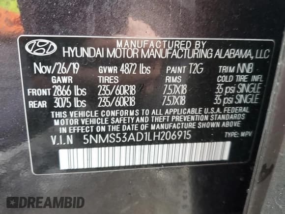 ✅ 2020 Hyundai Santa Fe Limited • VIN: 5NMS53AD1LH206915 • Lot: 42157125. Wystawiony na Copart z przebiegiem 58 052 mil. Bezpłatny archiwum sprzedaży aukcyjnych z USA i szczegółowy raport historii pojazdu na DreamBid. Zdjęcie 13.