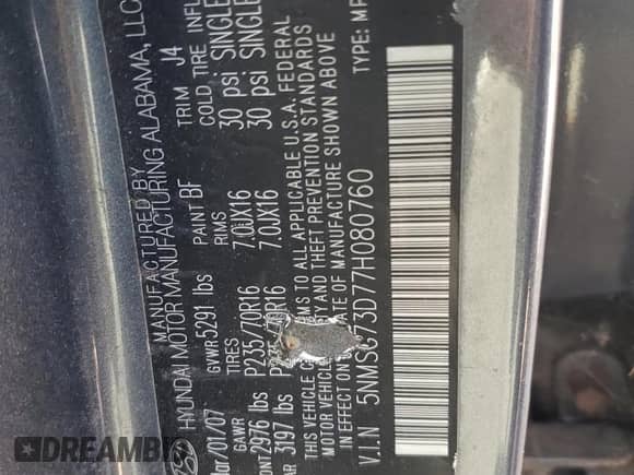 2007 Hyundai Santa Fe GLS с VIN 5NMSG73D77H080760, выставлен на аукционе Copart как лот 73606134 с пробегом 114 967 миль миль и Чистый • Clean title. История ставок и продаж доступна на DreamBid. Изображение 13.