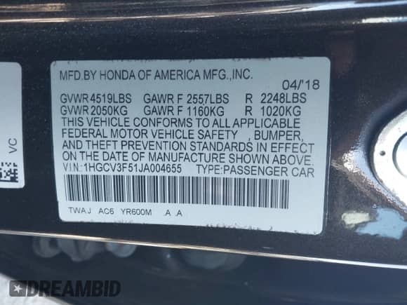 2018 Honda Accord EX-L z VIN 1HGCV3F51JA004655, wystawiony jako IAAI lot #43506840 z przebiegiem 139 777 mil mil oraz . Historia ofert i sprzedaży dostępna na DreamBid. Obrazek 9.