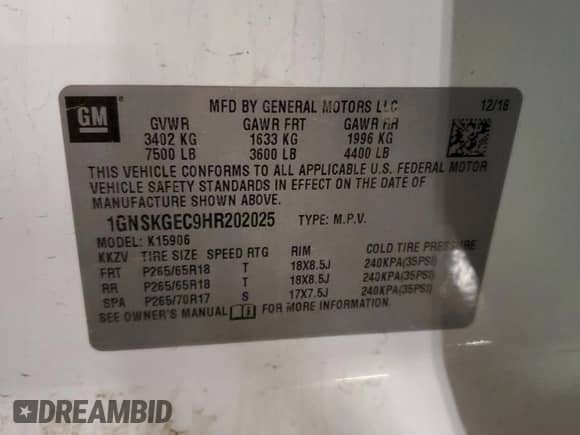 2017 Chevrolet Suburban LS z VIN 1GNSKGEC9HR202025, wystawiony jako Copart lot #83037604 z przebiegiem Nie podano mil oraz Szkoda całkowita • Salvage title. Historia ofert i sprzedaży dostępna na DreamBid. Obrazek 14.