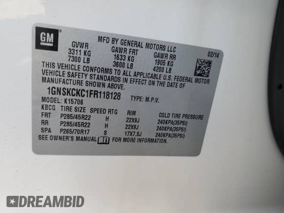 2015 Chevrolet Tahoe LTZ with VIN 1GNSKCKC1FR118128, listed as a Copart auction lot 89589135 with 129,932 mi miles and Salvage title. Bid and sale history available at DreamBid. Image 14.
