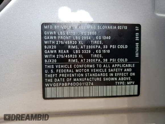 ✅ 2013 Volkswagen Touareg Exec • VIN: WVGEF9BP6DD011274 • Lot: 50680105. Listed on Copart with 96,336 mi. Free auction sales archive from the USA and detailed vehicle history report at DreamBid. Image 13.