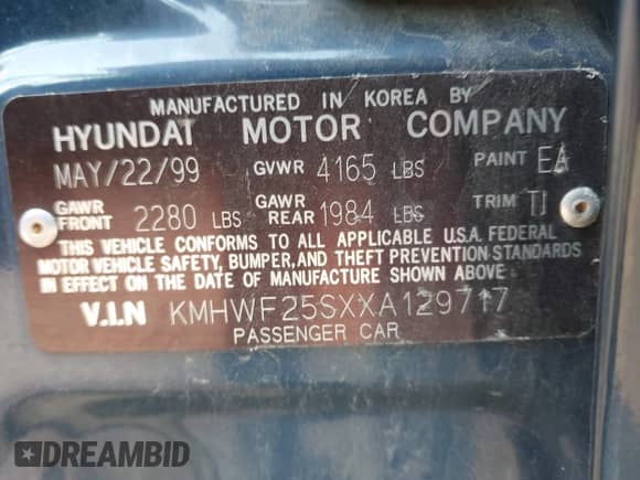 ✅ 1999 Hyundai Sonata • VIN: KMHWF25SXXA129717 • Лот: 43007300. Опубликован ранее на IAAI с пробегом 75 725 миль. Бесплатный доступ к архиву аукционных продаж из США и подробный отчёт об истории автомобиля на DreamBid. Изображение 9.