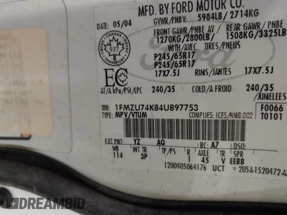 ✅ 2004 Ford Explorer Eddie Bauer • VIN: 1FMZU74K84UB97753 • Lot: 40861041. Listed on IAAI with 110,304 mi. Free auction sales archive from the USA and detailed vehicle history report at DreamBid. Image 9.