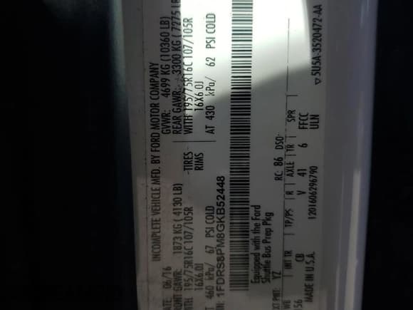 ✅ 2016 Ford Transit • VIN: 1FDRS8PM8GKB52448 • Lot: 69950935. Listed on Copart with 101,884 mi. Free auction sales archive from the USA and detailed vehicle history report at DreamBid. Image 13.