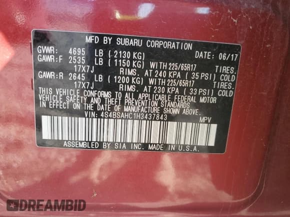 ✅ 2017 Subaru Outback Premium • VIN: 4S4BSAHC1H3437843 • Lot: 90975915. Listed on Copart with 73,048 mi. Free auction sales archive from the USA and detailed vehicle history report at DreamBid. Image 13.