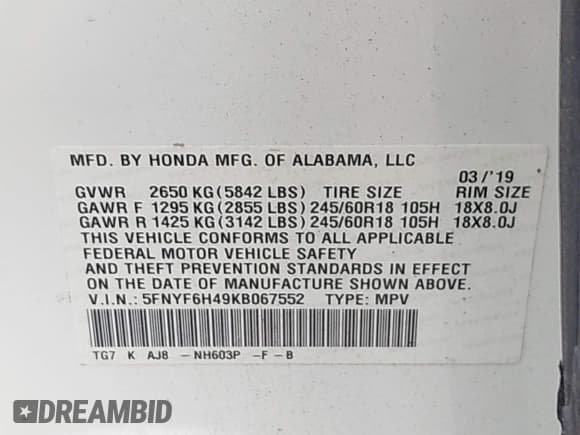 ✅ 2019 Honda Pilot EX-L • VIN: 5FNYF6H49KB067552 • Lot: 42718497. Listed on IAAI with 75,483 mi. Free auction sales archive from the USA and detailed vehicle history report at DreamBid. Image 9.