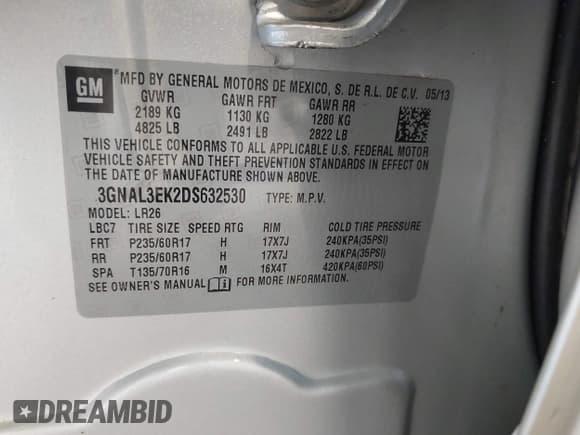 ✅ 2013 Chevrolet Captiva Sport LT • VIN: 3GNAL3EK2DS632530 • Lot: 42592417. Wystawiony na IAAI z przebiegiem 128 020 mil. Bezpłatny archiwum sprzedaży aukcyjnych z USA i szczegółowy raport historii pojazdu na DreamBid. Zdjęcie 9.