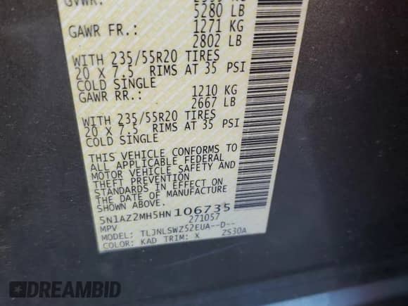 2017 Nissan Murano Platinum with VIN 5N1AZ2MH5HN106735, listed as a Copart auction lot 82236335 with 100,669 mi miles and Salvage title. Bid and sale history available at DreamBid. Image 14.