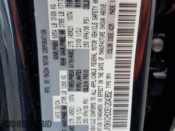 ✅ 2025 Mazda CX-90 Premium Sport • VIN: JM3KKCHD0S1204362 • Lot: 61021935. Listed on Copart with 12,435 mi. Free auction sales archive from the USA and detailed vehicle history report at DreamBid. Image 14.