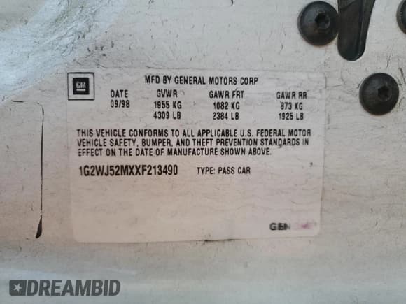 ✅ 1999 Pontiac Grand Prix • VIN: 1G2WJ52MXXF213490 • Лот: 47245105. Опубликован ранее на Copart с пробегом 89 573 миль. Бесплатный доступ к архиву аукционных продаж из США и подробный отчёт об истории автомобиля на DreamBid. Изображение 12.