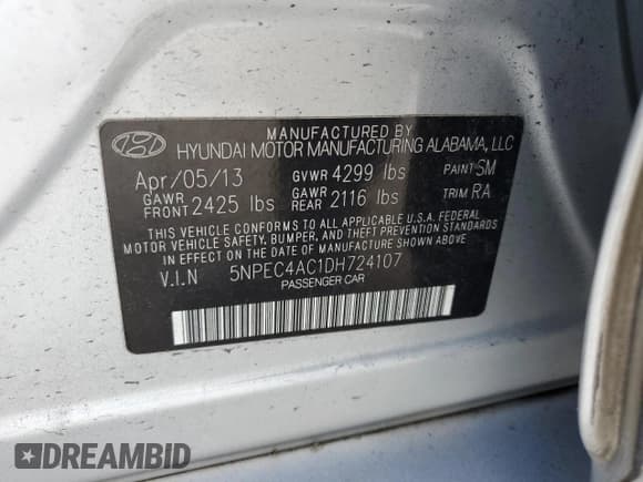 ✅ 2013 Hyundai Sonata SE • VIN: 5NPEC4AC1DH724107 • Lot: 77069404. Listed on Copart with 92,245 mi. Free auction sales archive from the USA and detailed vehicle history report at DreamBid. Image 13.