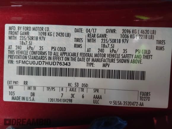 ✅ 2017 Ford Escape Titanium • VIN: 1FMCU0JD7HUD76343 • Lot: 43614129. Wystawiony na IAAI z przebiegiem 141 525 mil. Bezpłatny archiwum sprzedaży aukcyjnych z USA i szczegółowy raport historii pojazdu na DreamBid. Zdjęcie 9.