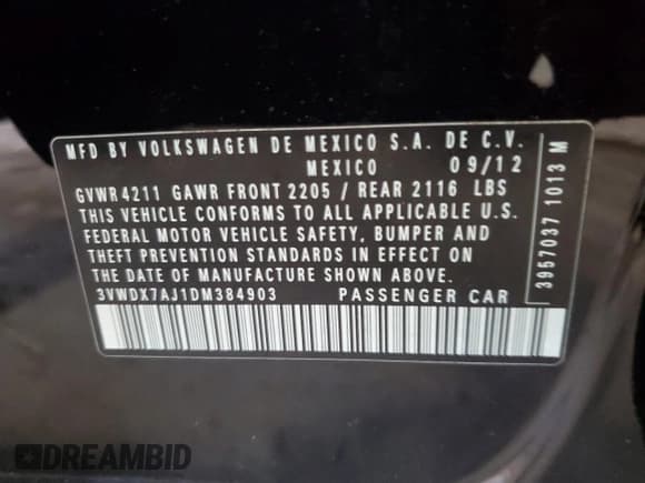 ✅ 2013 Volkswagen Jetta SE • VIN: 3VWDX7AJ1DM384903 • Lot: 58145475. Listed on Copart with 93,211 mi. Free auction sales archive from the USA and detailed vehicle history report at DreamBid. Image 12.