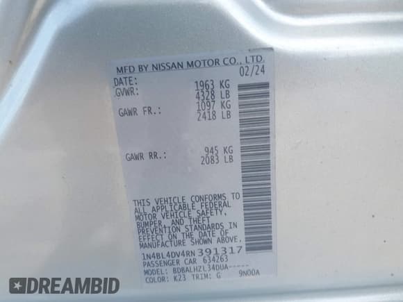 ✅ 2024 Nissan Altima SV • VIN: 1N4BL4DV4RN391317 • Lot: 42541921. Listed on IAAI with 36,019 mi. Free auction sales archive from the USA and detailed vehicle history report at DreamBid. Image 9.