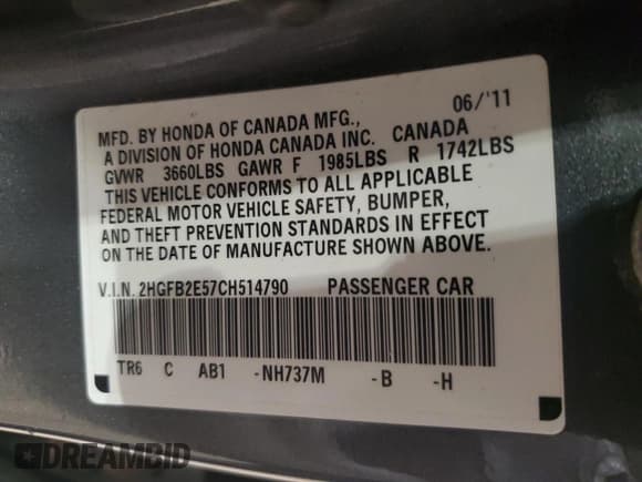 ✅ 2012 Honda Civic LX • VIN: 2HGFB2E57CH514790 • Lot: 82722995. Listed on Copart with 273,083 mi. Free auction sales archive from the USA and detailed vehicle history report at DreamBid. Image 13.