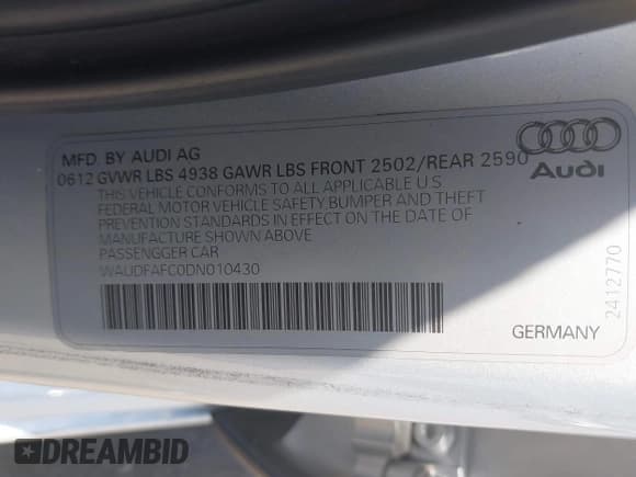 ✅ 2013 Audi A6 Premium Plus • VIN: WAUDFAFC0DN010430 • Lot: 42603497. Listed on IAAI with 101,980 mi. Free auction sales archive from the USA and detailed vehicle history report at DreamBid. Image 9.