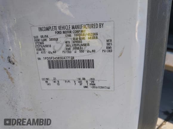 ✅ 2005 Ford F-350 XL • VIN: 1FDSF34585EA17178 • Lot: 41501503. Listed on IAAI with 208,442 mi. Free auction sales archive from the USA and detailed vehicle history report at DreamBid. Image 9.