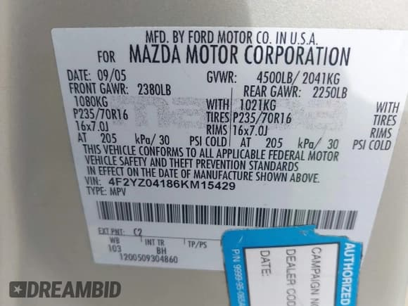 ✅ 2006 Mazda Tribute S • VIN: 4F2YZ04186KM15429 • Лот: 43317228. Опубликован ранее на IAAI с пробегом 167 950 миль. Бесплатный доступ к архиву аукционных продаж из США и подробный отчёт об истории автомобиля на DreamBid. Изображение 9.