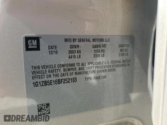 ✅ 2011 Chevrolet Malibu 1LS • VIN: 1G1ZB5E16BF252103 • Lot: 75622884. Listed on Copart with 71,899 mi. Free auction sales archive from the USA and detailed vehicle history report at DreamBid. Image 12.