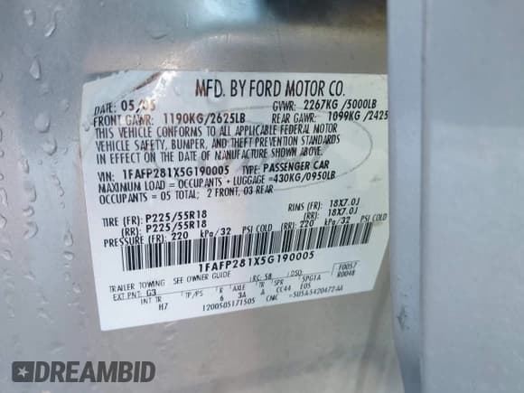 ✅ 2005 Ford Five Hundred Limited • VIN: 1FAFP281X5G190005 • Лот: 43839449. Опубликован ранее на IAAI с пробегом 130 480 миль. Бесплатный доступ к архиву аукционных продаж из США и подробный отчёт об истории автомобиля на DreamBid. Изображение 9.